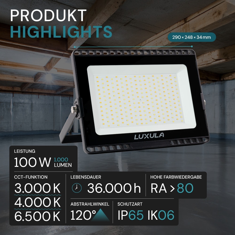 LUXULA LED-Fluter, EEK: F, 100W, 10000lm, CCT, schwarz LUXULA LED-Fluter, EEK: F, 100W, 10000lm, CCT, schwarz