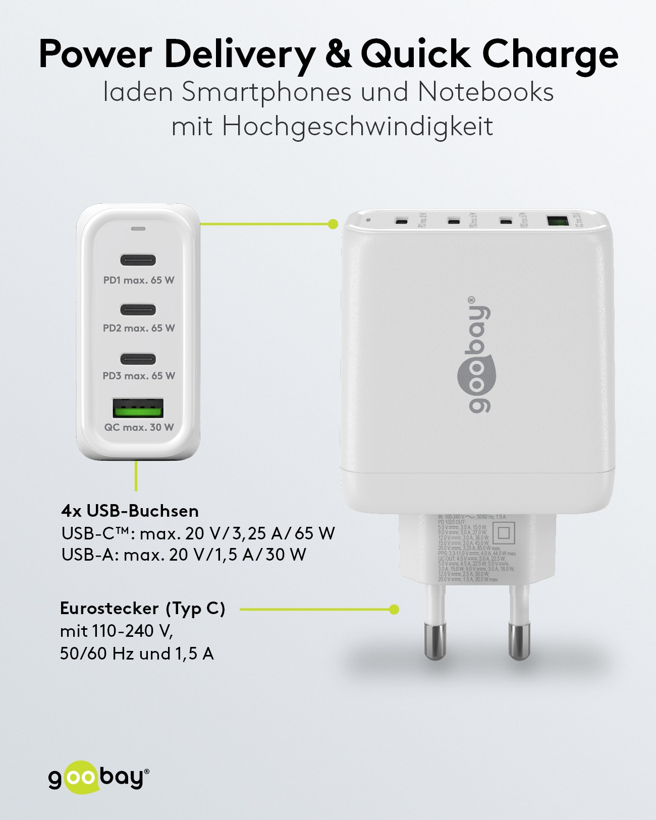 GOOBAY USB-Lader 64822, 68 W, 4-fach, 3x C PD, 1x A QC GaN GOOBAY USB-Lader 64822, 68 W, 4-fach, 3x C PD, 1x A QC GaN