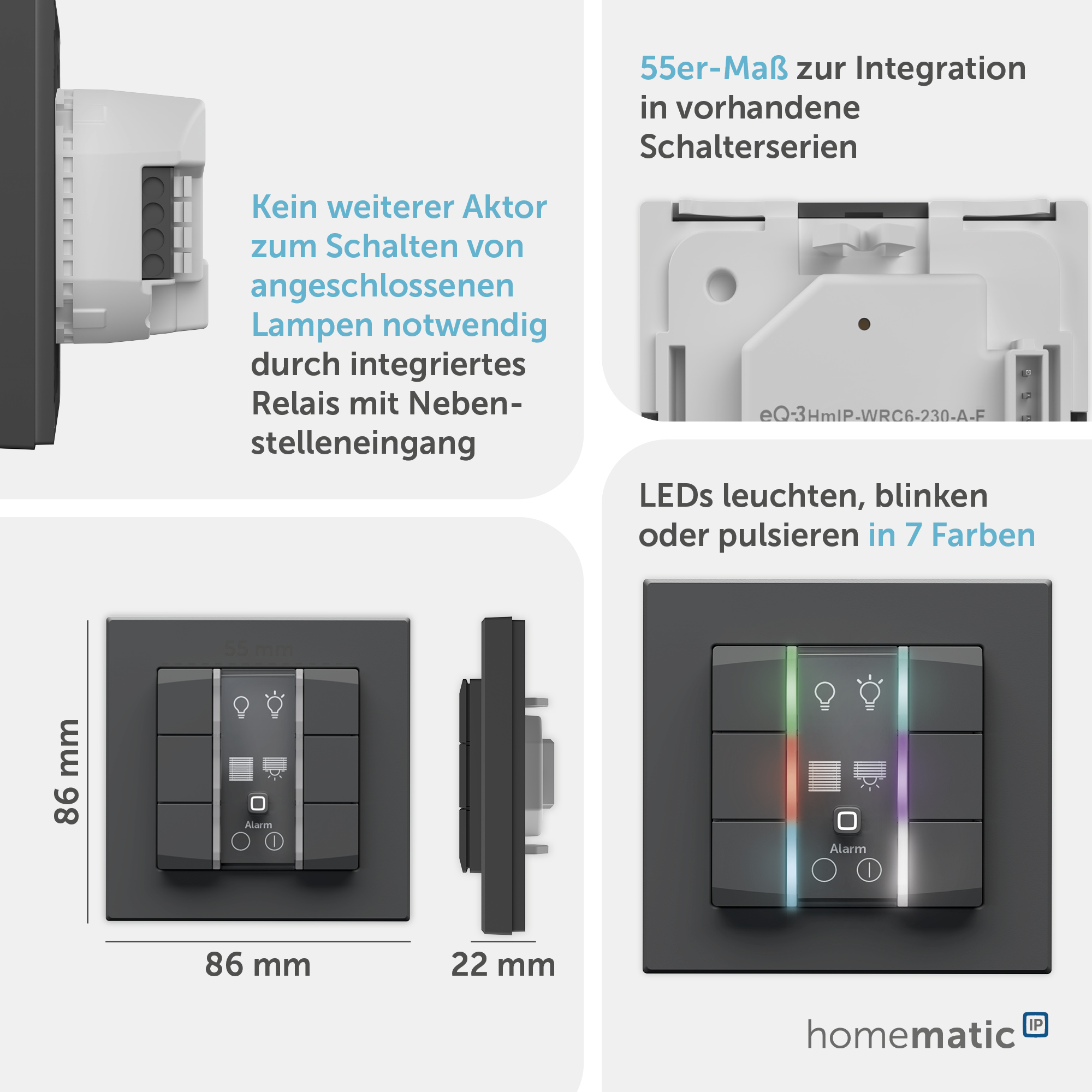HOMEMATIC IP 162028A0, Wandtaster, 6-fach, 230 V, anthrazit