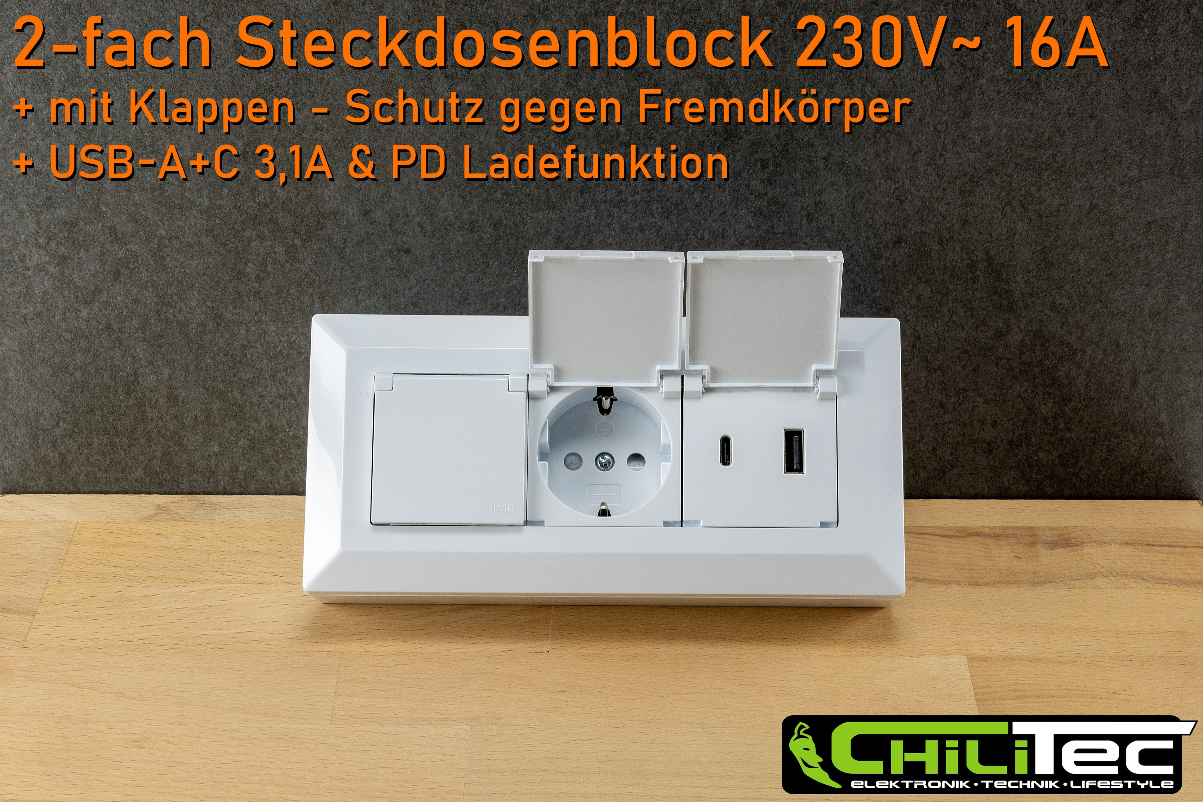 CHILITEC Steckdosenblock 23950, 2-fach, mit Schutzklappen, USB-A+C, weiß CHILITEC Steckdosenblock 23950, 2-fach, mit Schutzklappen, USB-A+C, weiß