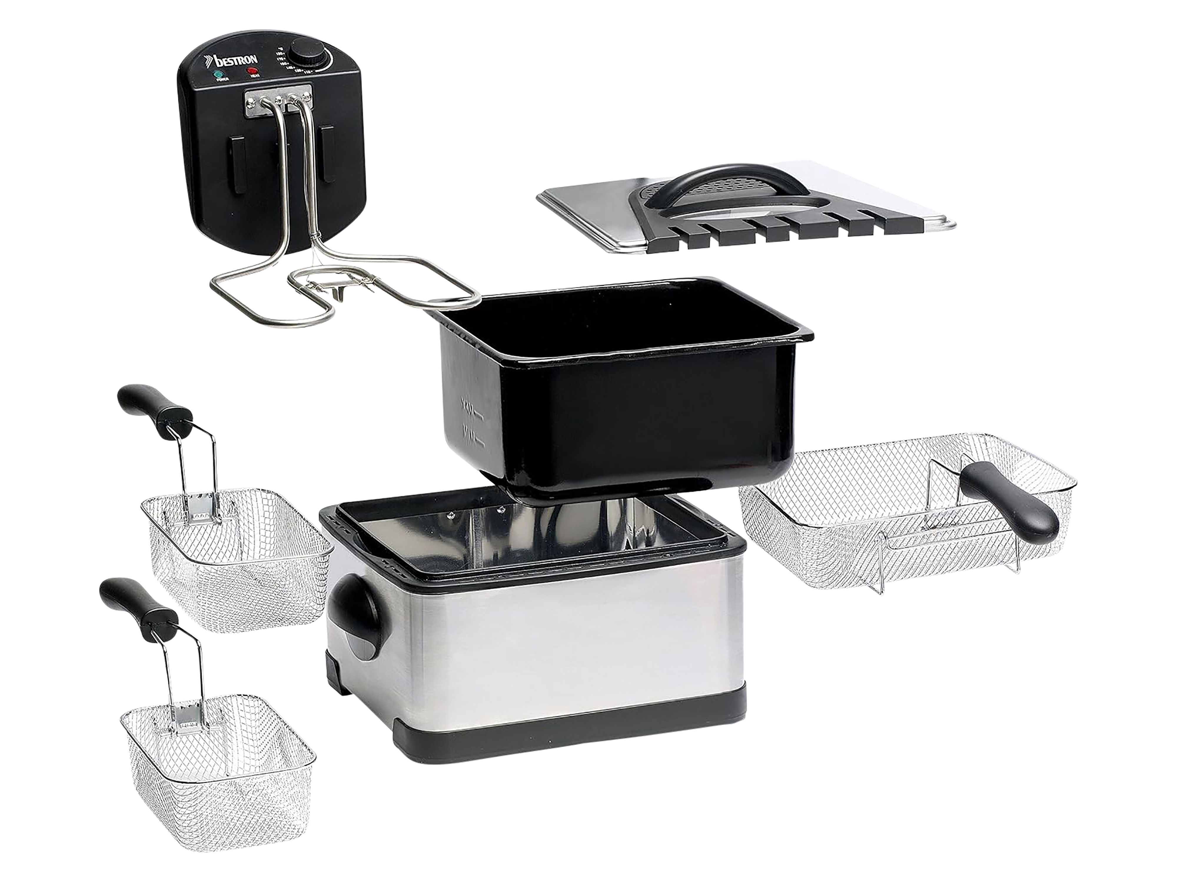 BESTRON Öl-Fritteuse XL DF402, 4,5 L, Cool Zone, 3 Körbe, 2000W, silber