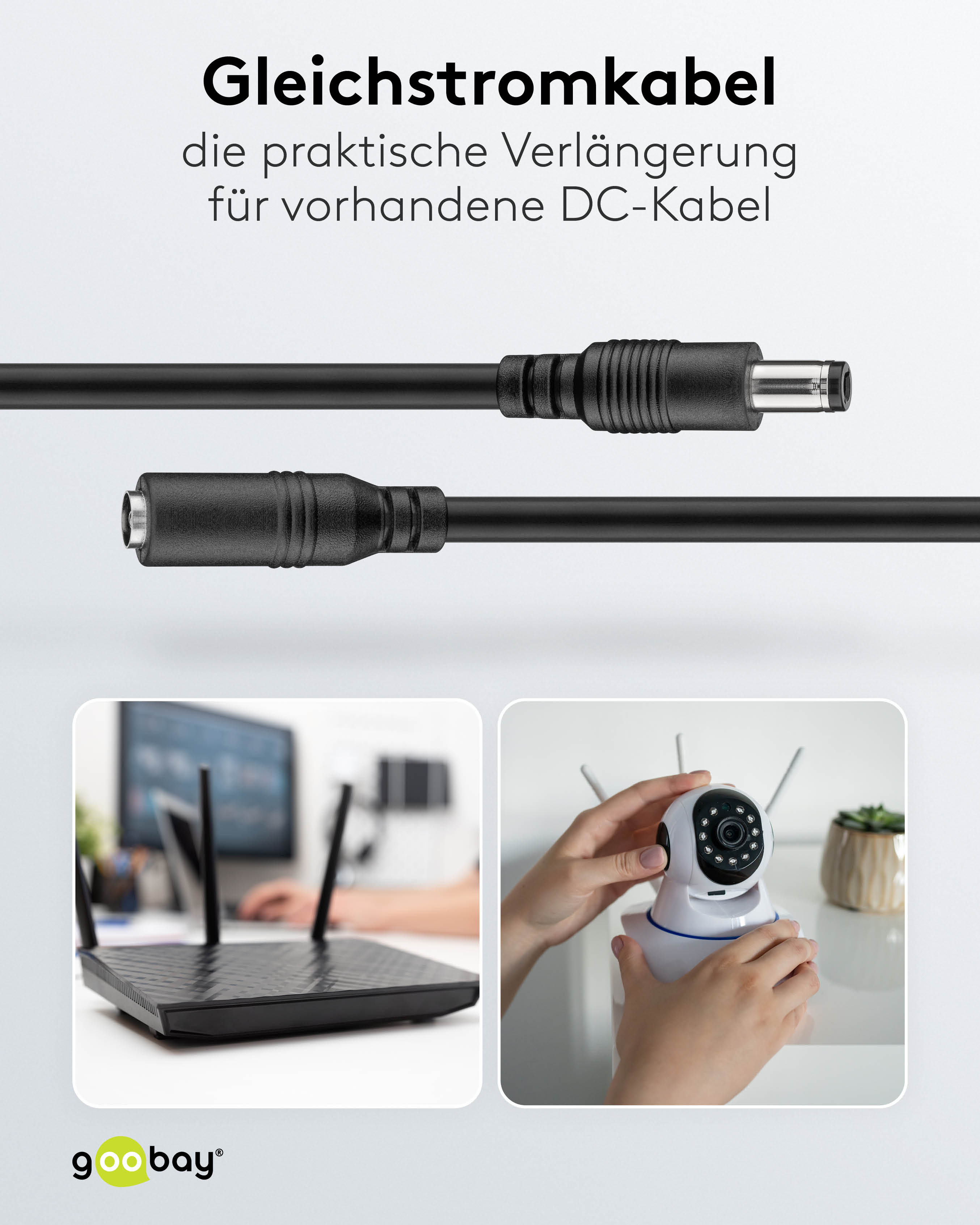 GOOBAY DC-Adapterkabel 2,1 mm, DC-Stecker auf DC-Kupplung, schwarz, 5 m