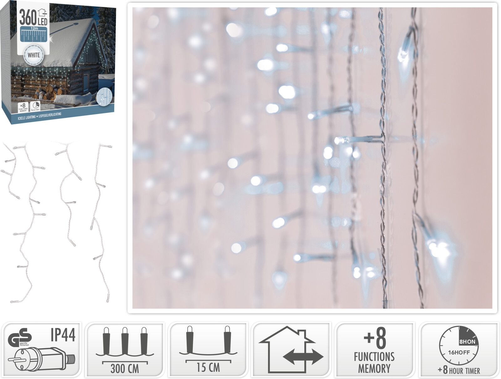 KOOPMAN LED-Eiszapfenbeleuchtung kaltweiß, 360 LEDs, transparentes Kabel, Innen/Außen, 15m