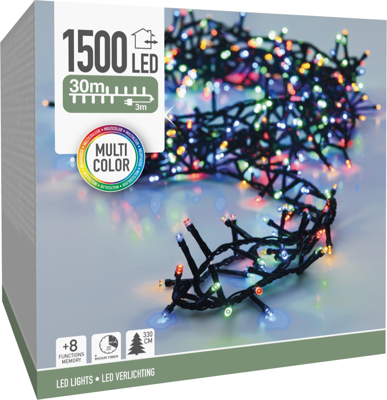 LED-Clusterlichterkette bunt, 1500 LEDs, Grünes Kabel, Innen/Außen, 30 m
