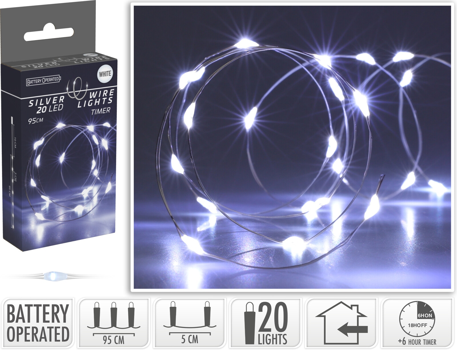 LED-Lichterkette kaltweiß, Batteriebetrieben, 20 LEDs, Silberdraht, Innen, 0,95m KOOPMAN LED-Lichterkette kaltweiß, Batteriebetrieben, 20 LEDs, Silberdraht, Innen, 0,95m