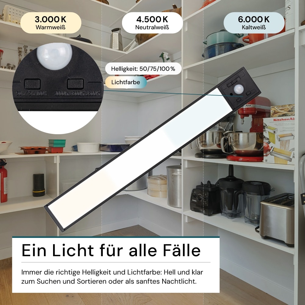 LUXULA LED-Schrankleuchte mit Bewegungsmelder, 2,96W, 110lm, CCT, IP20, schwarz, 30cm LUXULA LED-Schrankleuchte mit Bewegungsmelder, 2,96W, 850lm, CCT, IP20, schwarz, 30cm