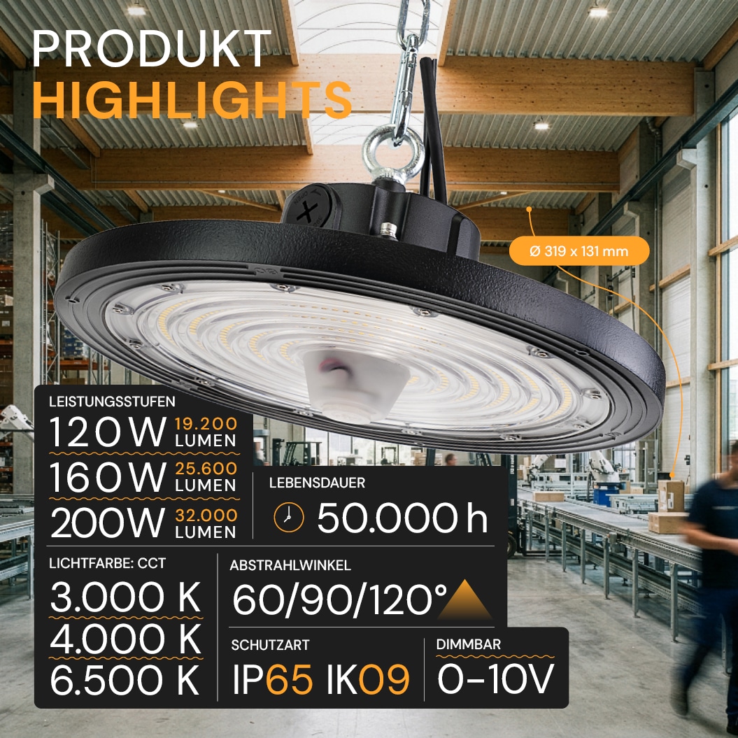 ENOVALITE LED-HighBay-Leuchte, UFO, 120...200 W, CCT, EEK: C, 19200...32000 lm, dimmbar, schwarz