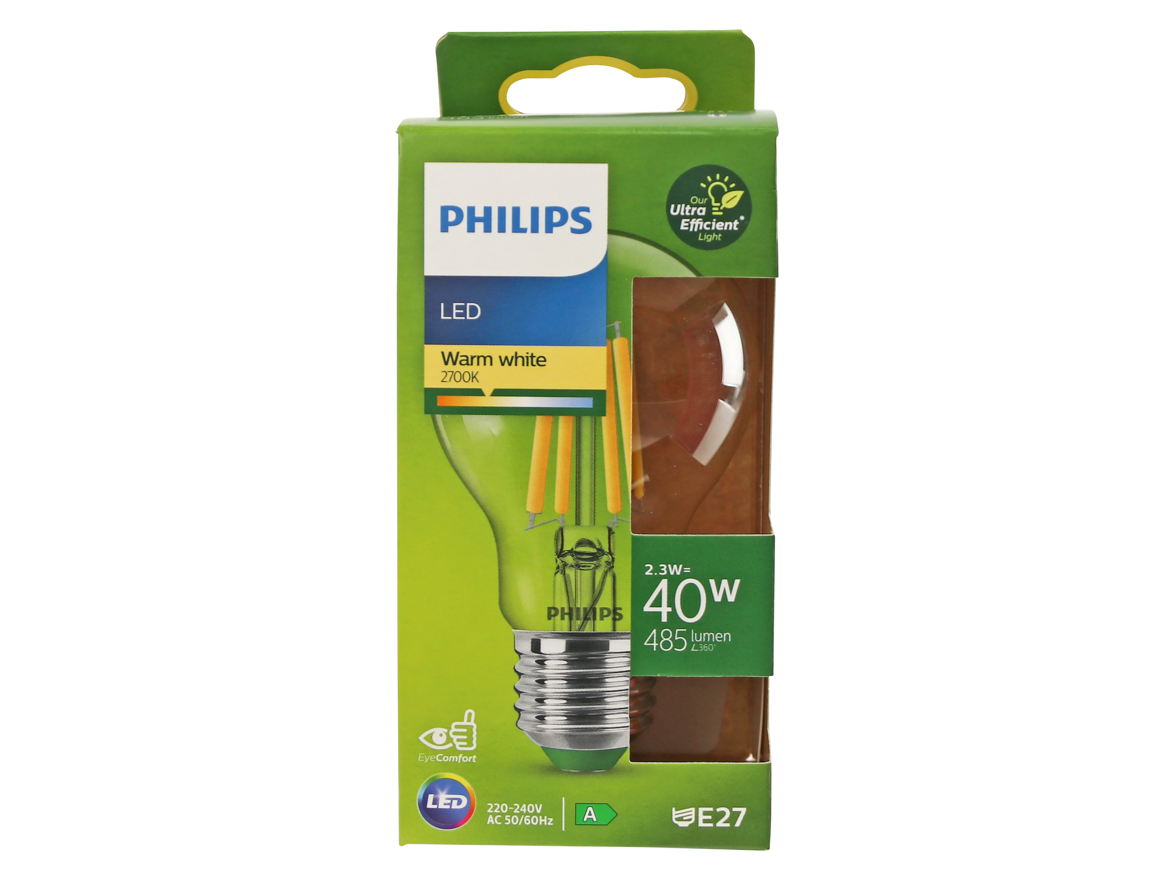 PHILIPS LED-Lampe, A60 E27, warmweiß, 485 lm, 2700K, 2,3W