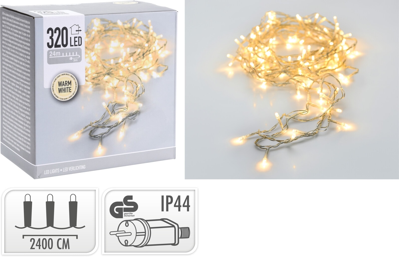 LED-Lichterkette, 320 LEDs, warmweiß, 230 V~, transparent, Innen/Außen, 27 m LED-Lichterkette, 320 LEDs, warmweiß, 230V~, IP44, Innen/Außen, silber/transparent