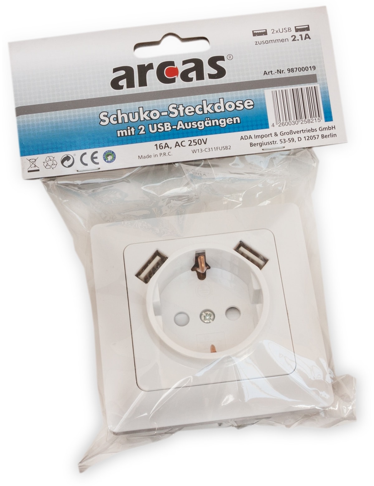 ARCAS Schutzkontaktsteckdose 98700019, 2x USB ARCAS Schutzkontaktsteckdose 98700019, 2x USB
