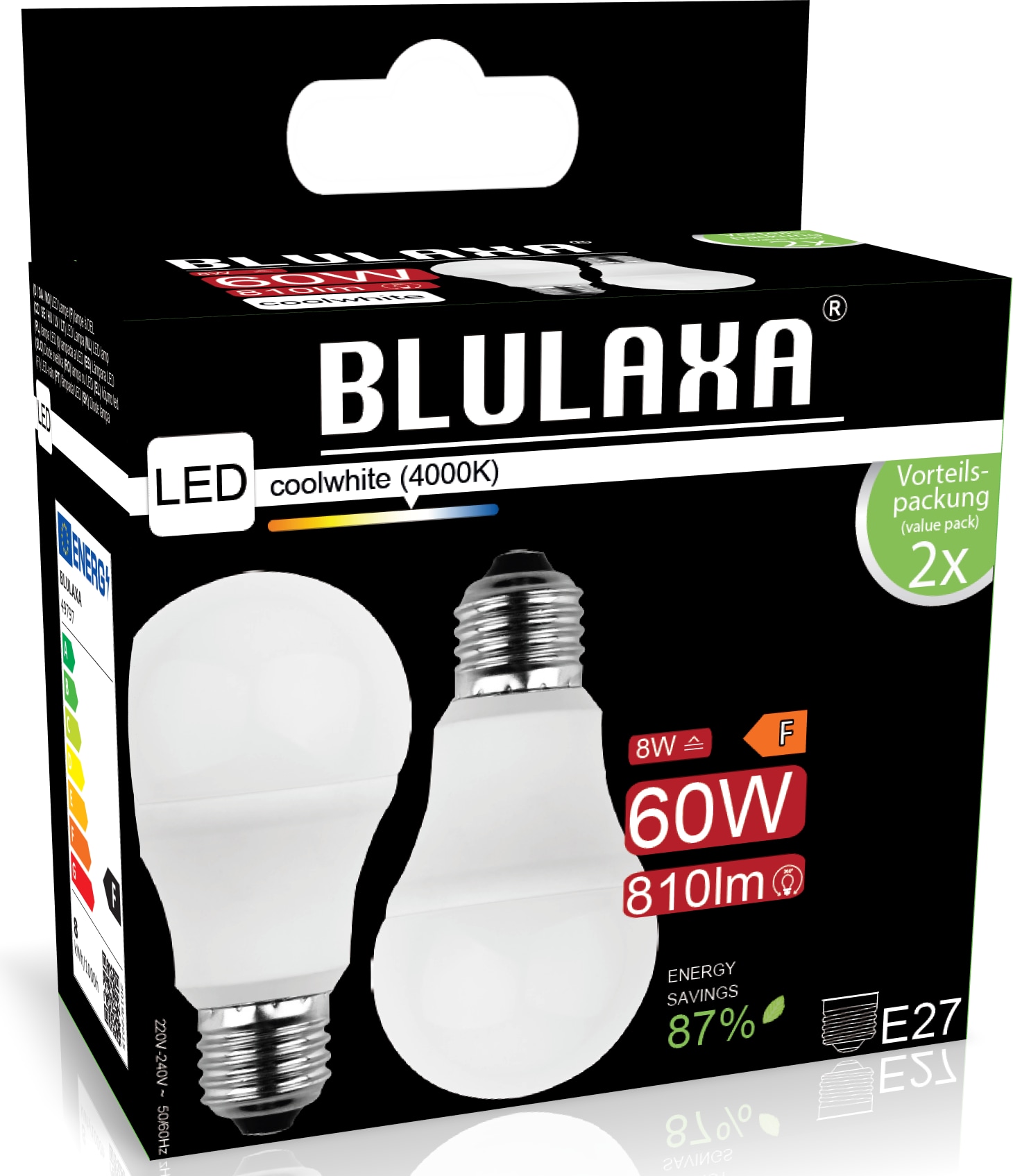 BLULAXA LED-SMD-Lampe, A60, EEK: F, E27, 8 W, 810 lm, 4000 K, 2 Stück BLULAXA LED-SMD-Lampe, A60, EEK: F, E27, 8 W, 810 lm, 4000 K, 2 Stück