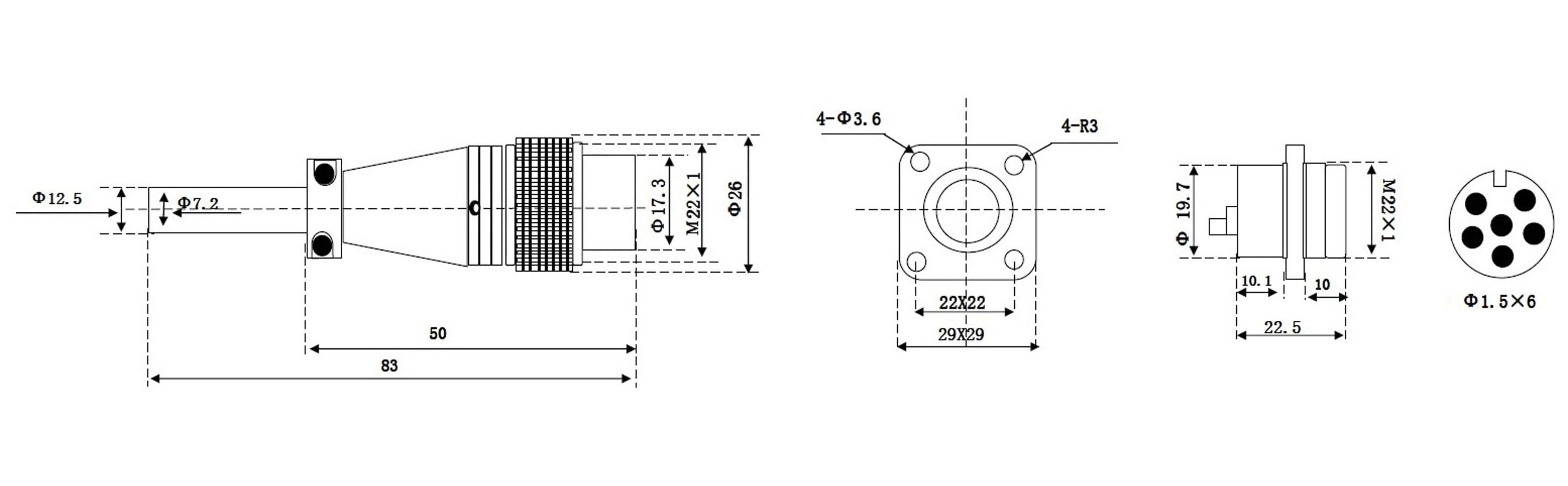 Einbaustecker-Set, 6-pol., Ø 20 mm, mit Schraubverschluss und Schutzkappe