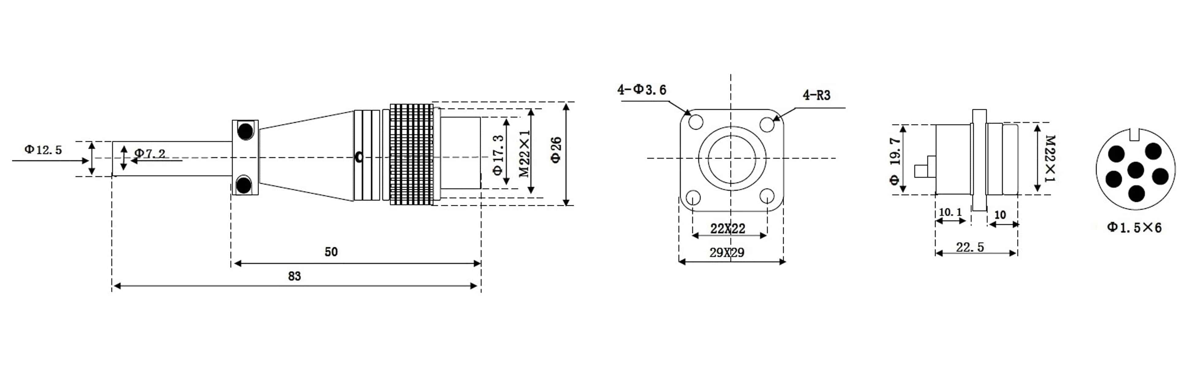 Einbaustecker-Set, 6-pol., Ø 20 mm, mit Schraubverschluss und Schutzkappe Einbaustecker-Set, 6-pol., Ø 20 mm, mit Schraubverschluss und Schutzkappe