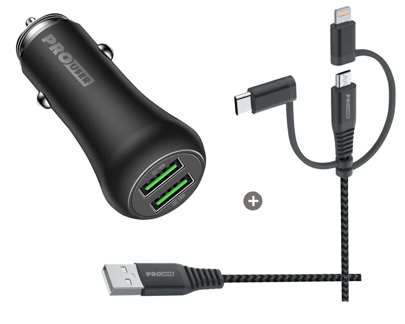 PROUSER Dual KFZ USB-Lader-Set 20173, 36 W, 3in1 USB-Kabel, schwarz