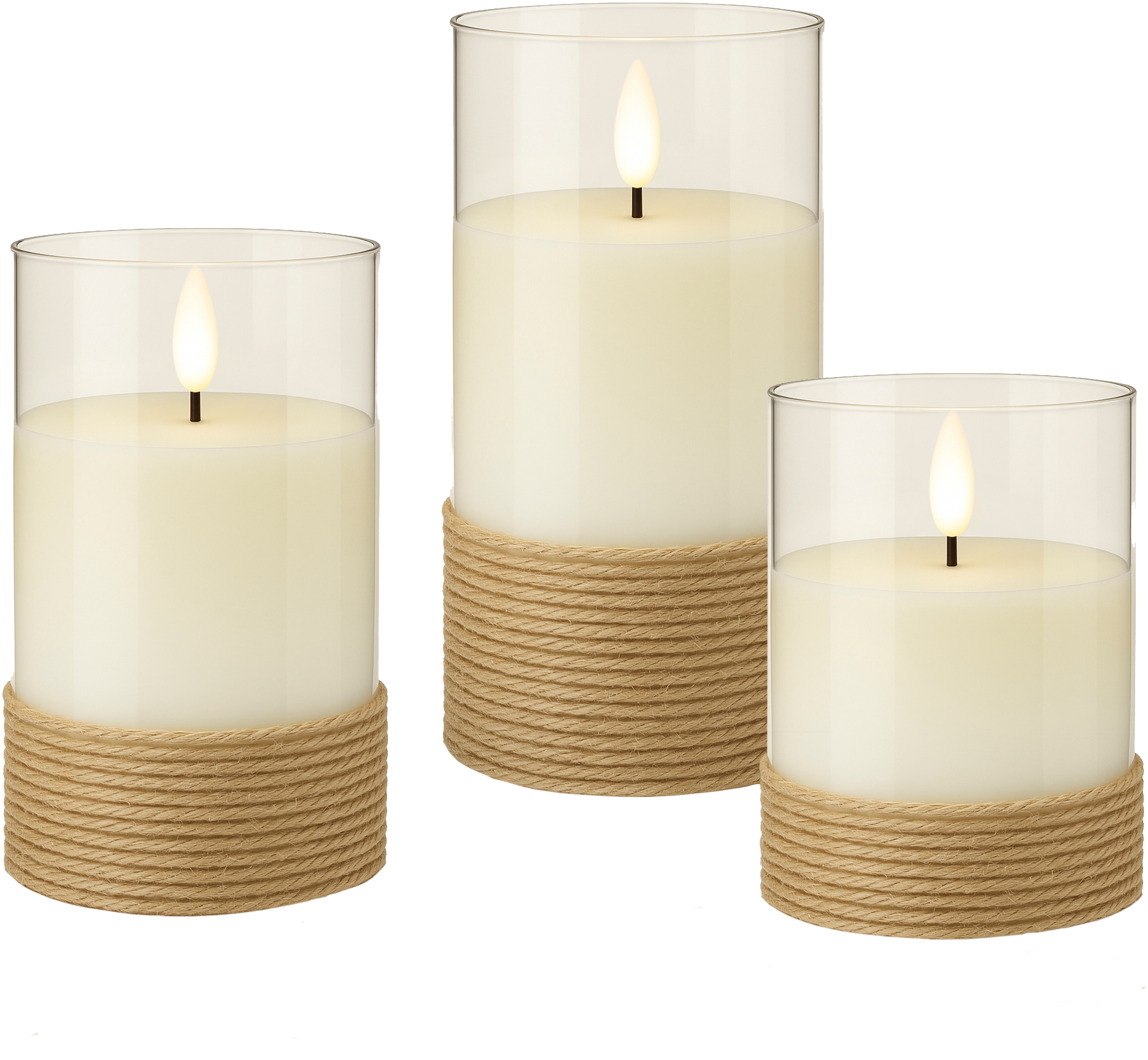 GOOBAY LED-Echtwachskerzen, Glas, Timerfunktion, 3 Stück, warmweiß, mit Hanfschnur umwickelt