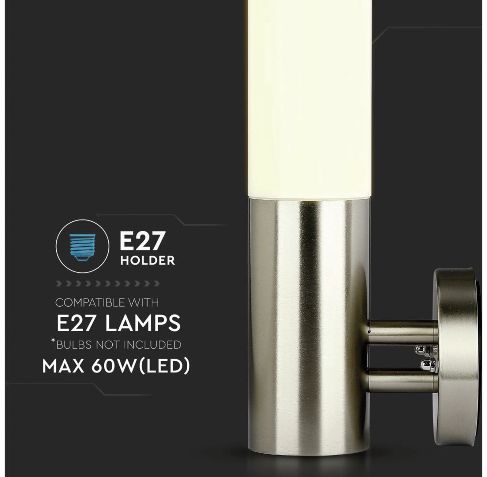 V-TAC Wandleuchte VT-833, IP44, E27, Edelstahl, VT-8624