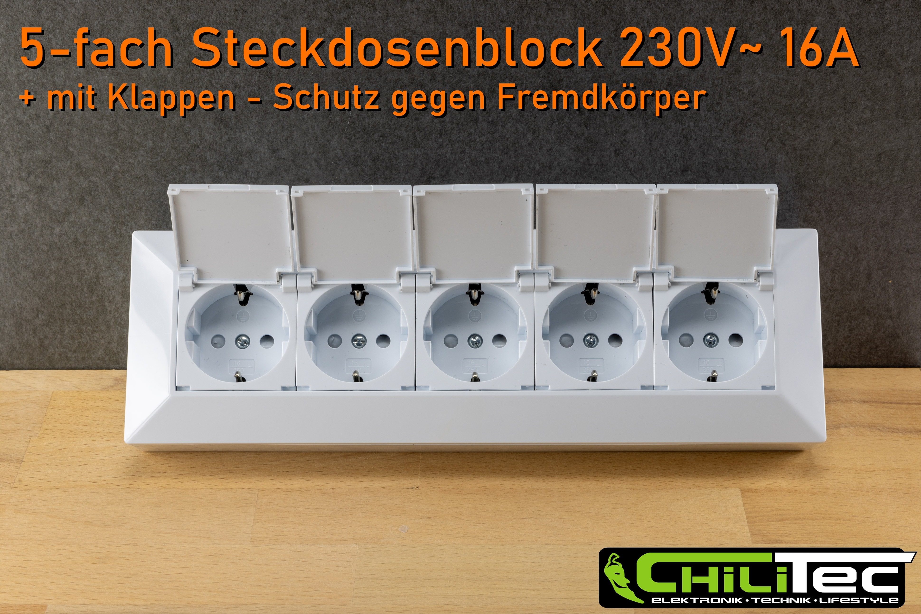 CHILITEC Steckdosenblock 23940, 5-fach, mit Schutzklappen, 250V/16A, weiß