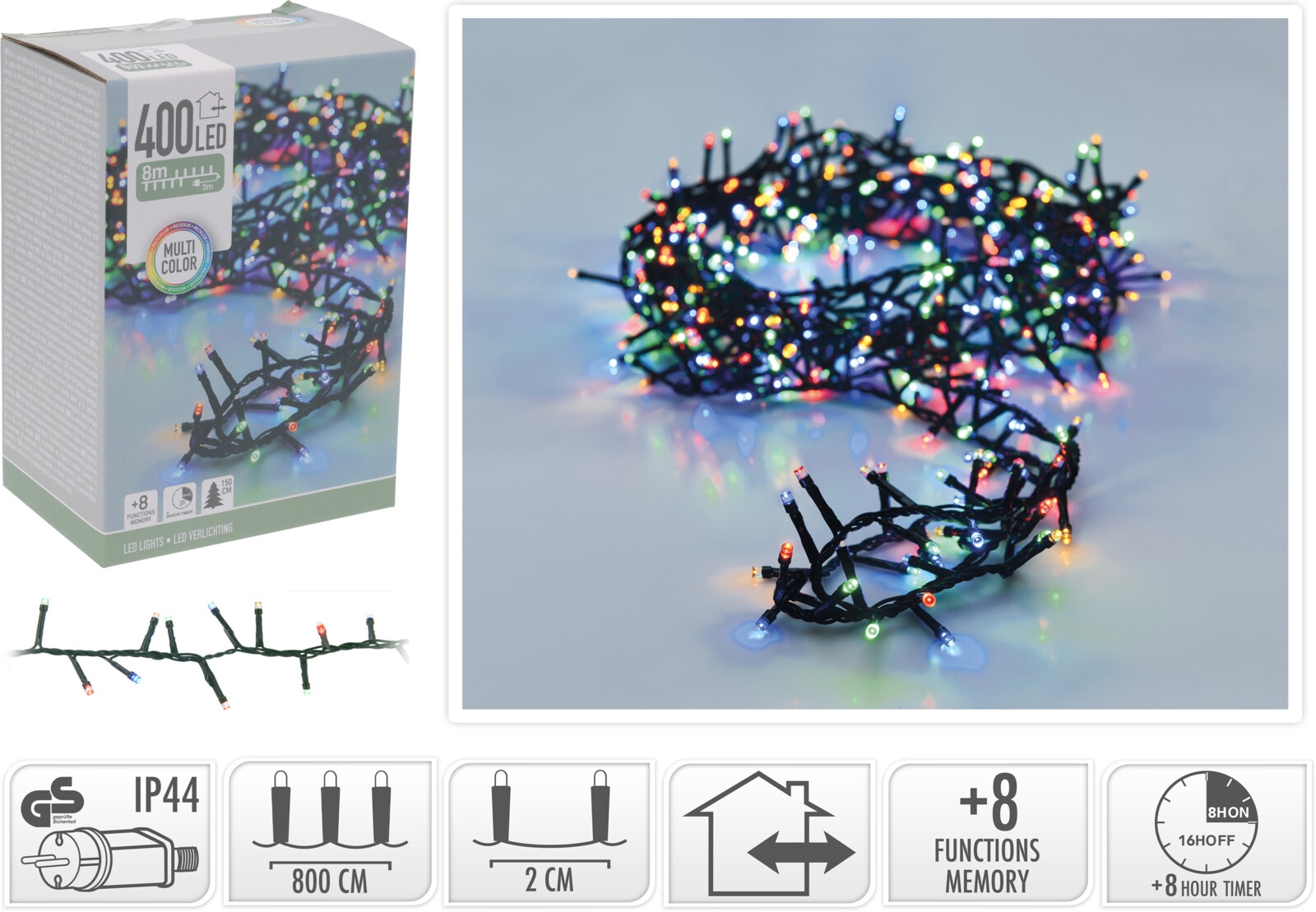 KOOPMAN LED-Clusterlichterkette bunt, 400 LEDs, Grünes Kabel, Innen/Außen, 11m
