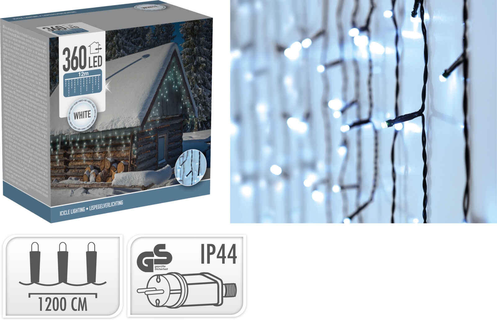 LED-Lichtervorhang, 360 LEDs, kaltweiß, 230 V~, grün, Innen/Außen, 15 m, Timer LED-Lichterkette Vorhang 360 LEDs, kaltweiß, IP44, 230 V~, 12 m, grün
