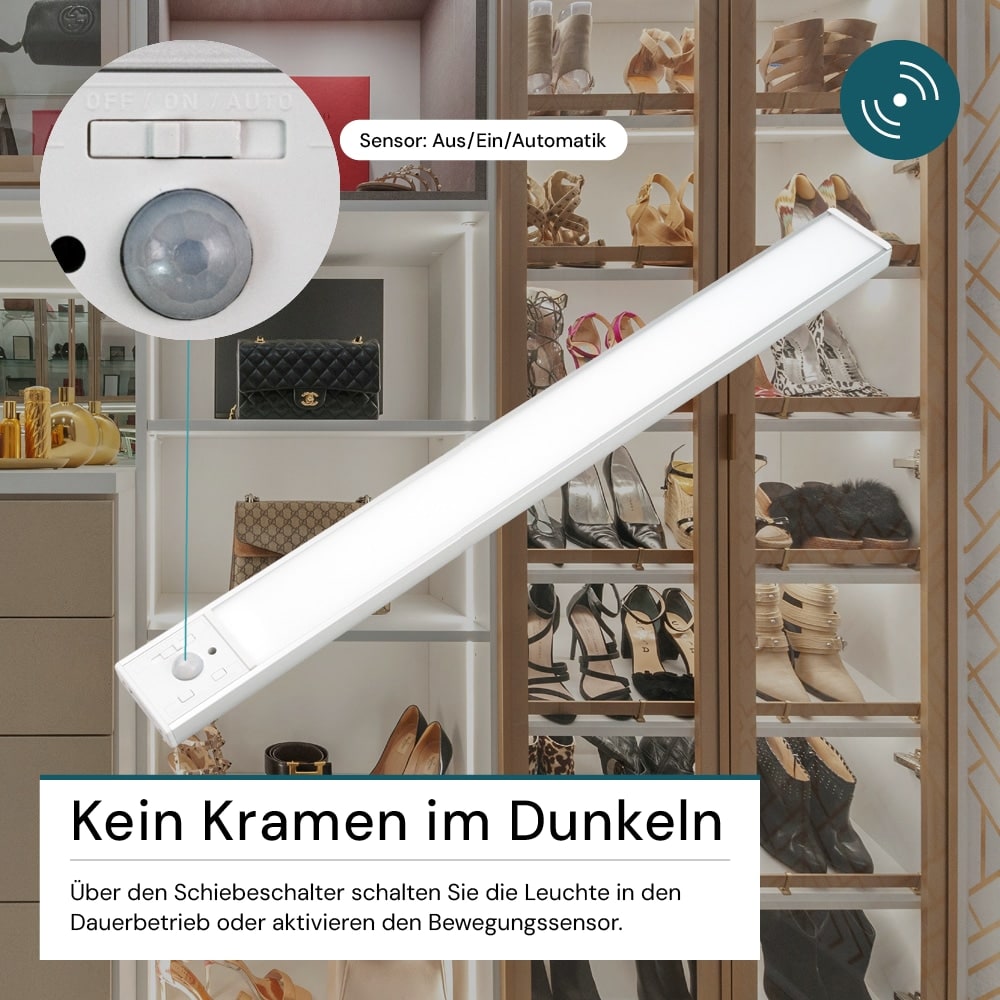 LUXULA LED-Schrankleuchte mit Bewegungsmelder, 3,3W, 1250lm, CCT, IP20, silber, 40cm