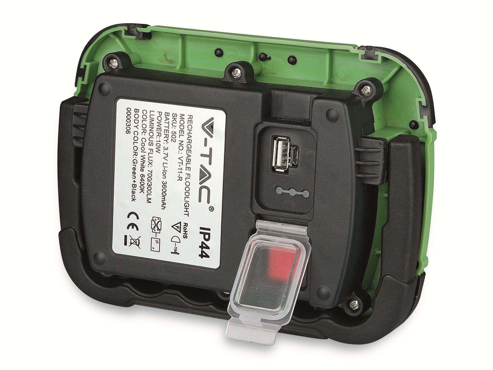 V-TAC LED-Fluter VT-11-R, 10 W, 700 lm, 6400 K, Akkubetrieb, grün/schwarz