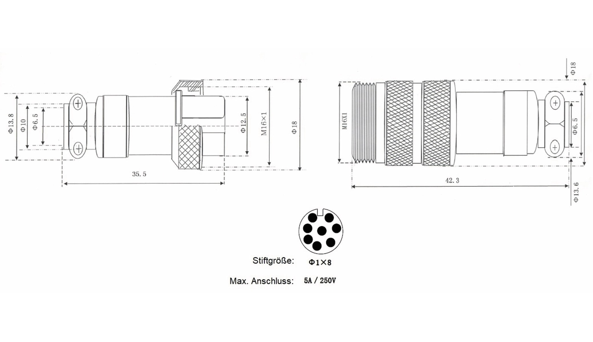 Hochstrom Steckverbinder-Set, 8-polig, Ø 16 mm, Schraubverschluss