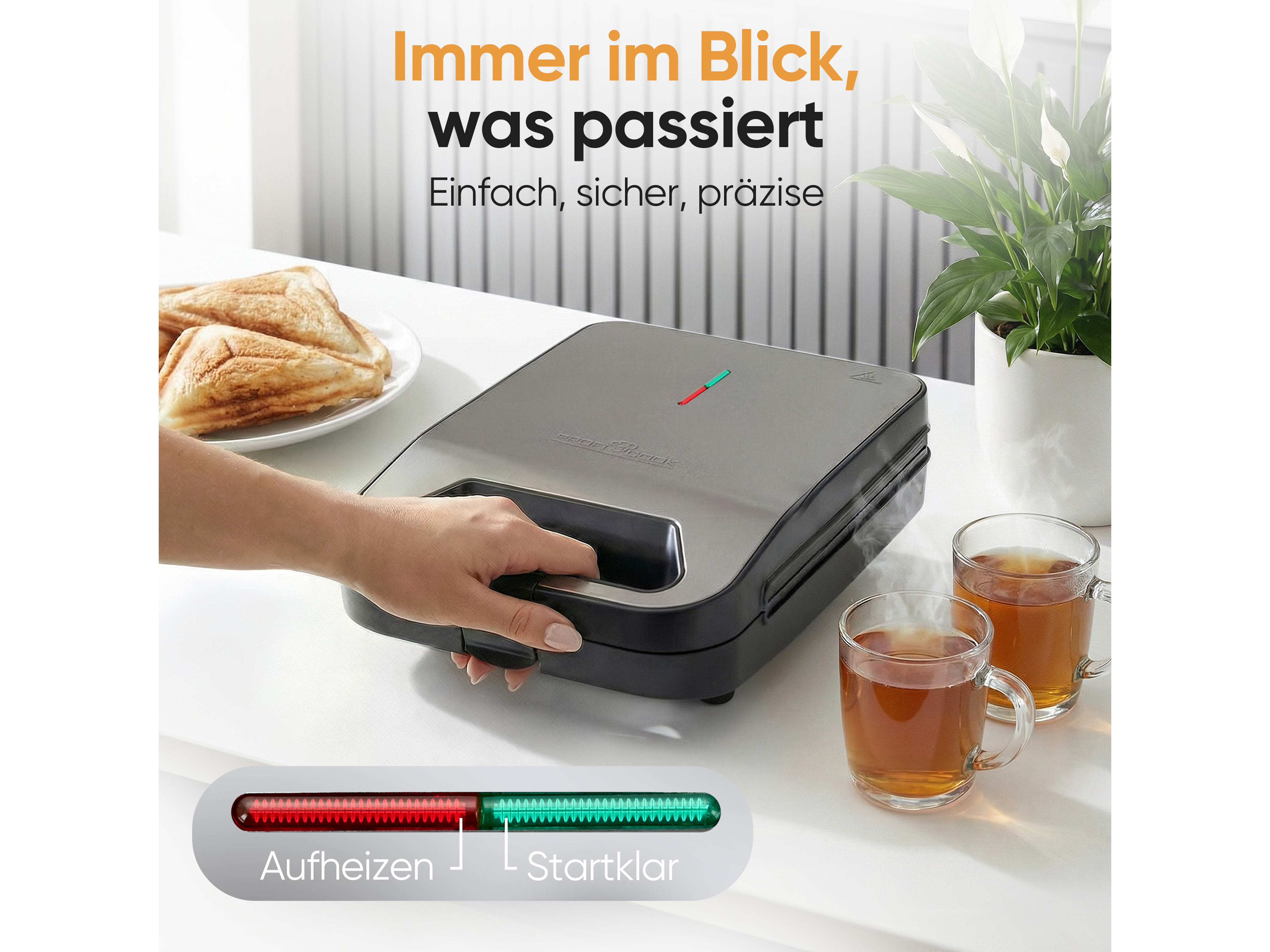PROFICOOK Sandwichmaker PC-ST 1329, 4 Sandwiches, antihaftbeschichtet, 1600W
