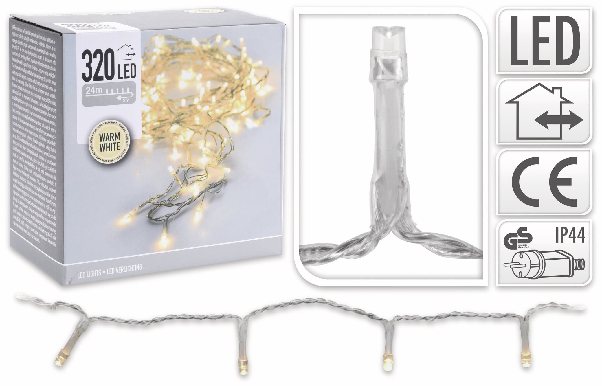 LED-Lichterkette, 320 LEDs, warmweiß, 230 V~, transparent, Innen/Außen, 27 m LED-Lichterkette, 320 LEDs, warmweiß, 230 V~, transparent, Innen/Außen, 27 m