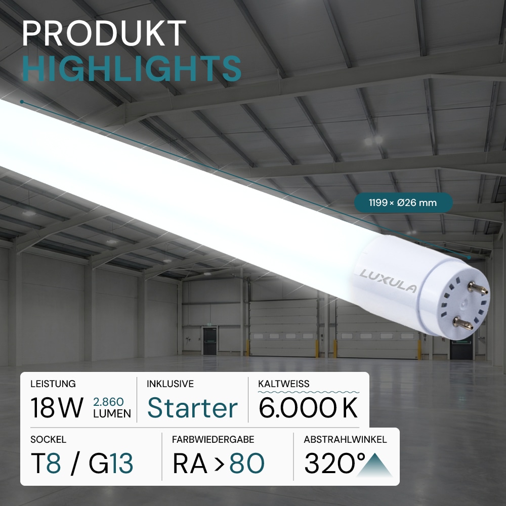 LUXULA LED-Röhre 2880lm LX100861, T8, 6000K, 160lm/W, 18W, mit Brücke