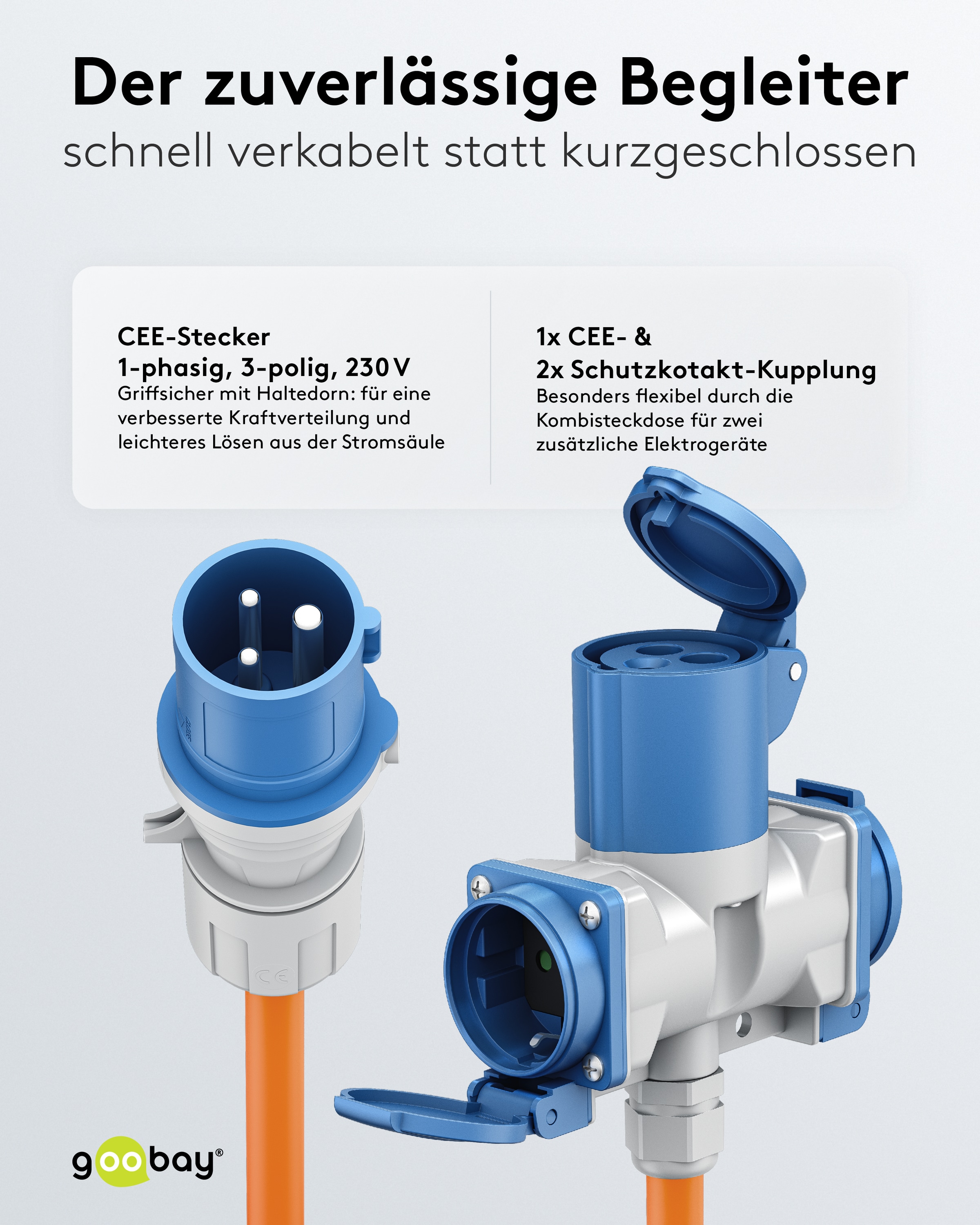 GOOBAY CEE-Adapterkabel 76265, 5 m, Stecker zu Kupplung + 2x Schutzkontaktkupplung GOOBAY CEE-Adapterkabel 76265, 5 m, Stecker zu Kupplung + 2x Schutzkontaktkupplung