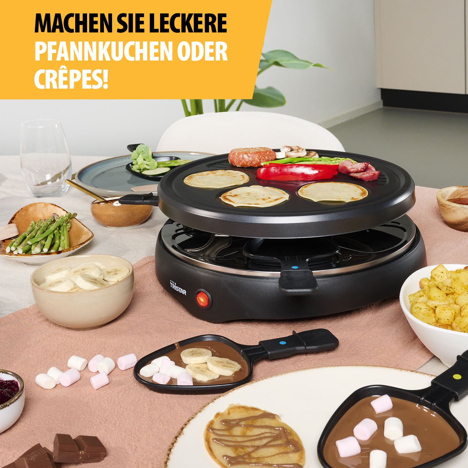 TRISTAR Raclette RA-2998, 6 Personen, 800 W, Grillplatte mit Crepe-Bereich