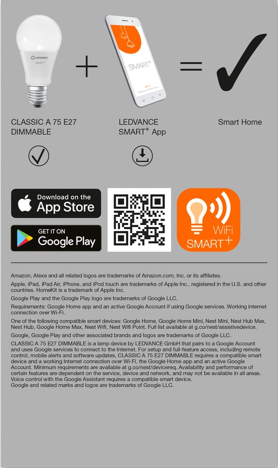 LEDVANCE LED-Lampe SMART+ WiFi Classic, A60, E27, EEK: F, 9,5 W, 1055 lm, 2700 K, Smart