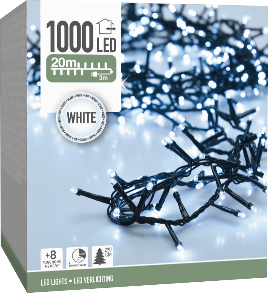 LED-Clusterlichterkette kaltweiß, 1000 LEDs, grünes Kabel, Innen/Außen, 20m LED-Clusterlichterkette kaltweiß, 1000 LEDs, grünes Kabel, Innen/Außen, 20m