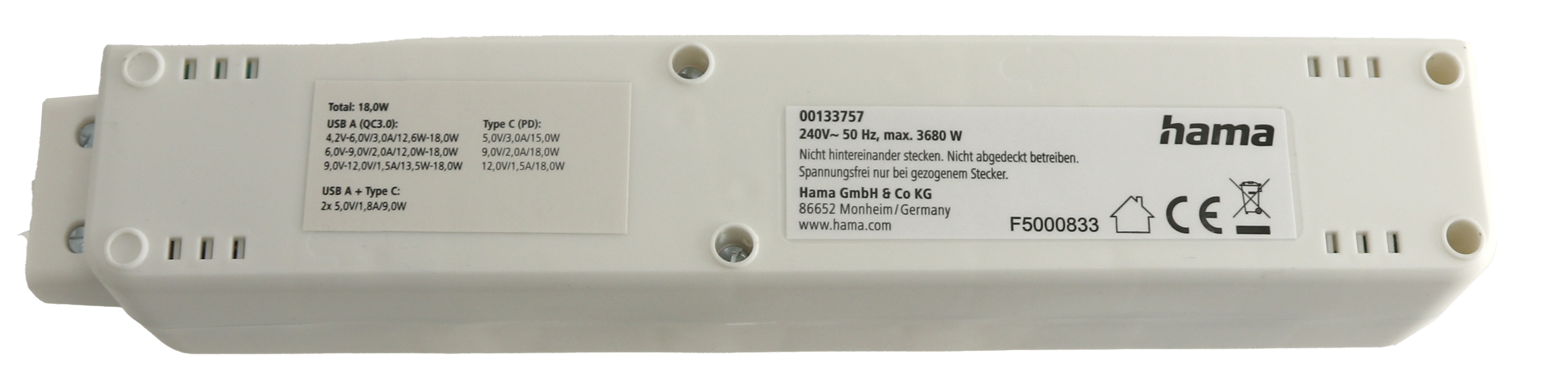 HAMA Steckdosenleiste 133757, 3-fach, 2x USB, weiß