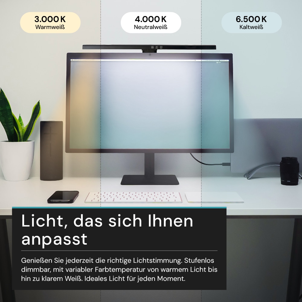 LUXULA LED-Monitorleuchte, 5W, EEK: G, 250lm, CCT, IP20, Touch Control, schwarz, 50 cm