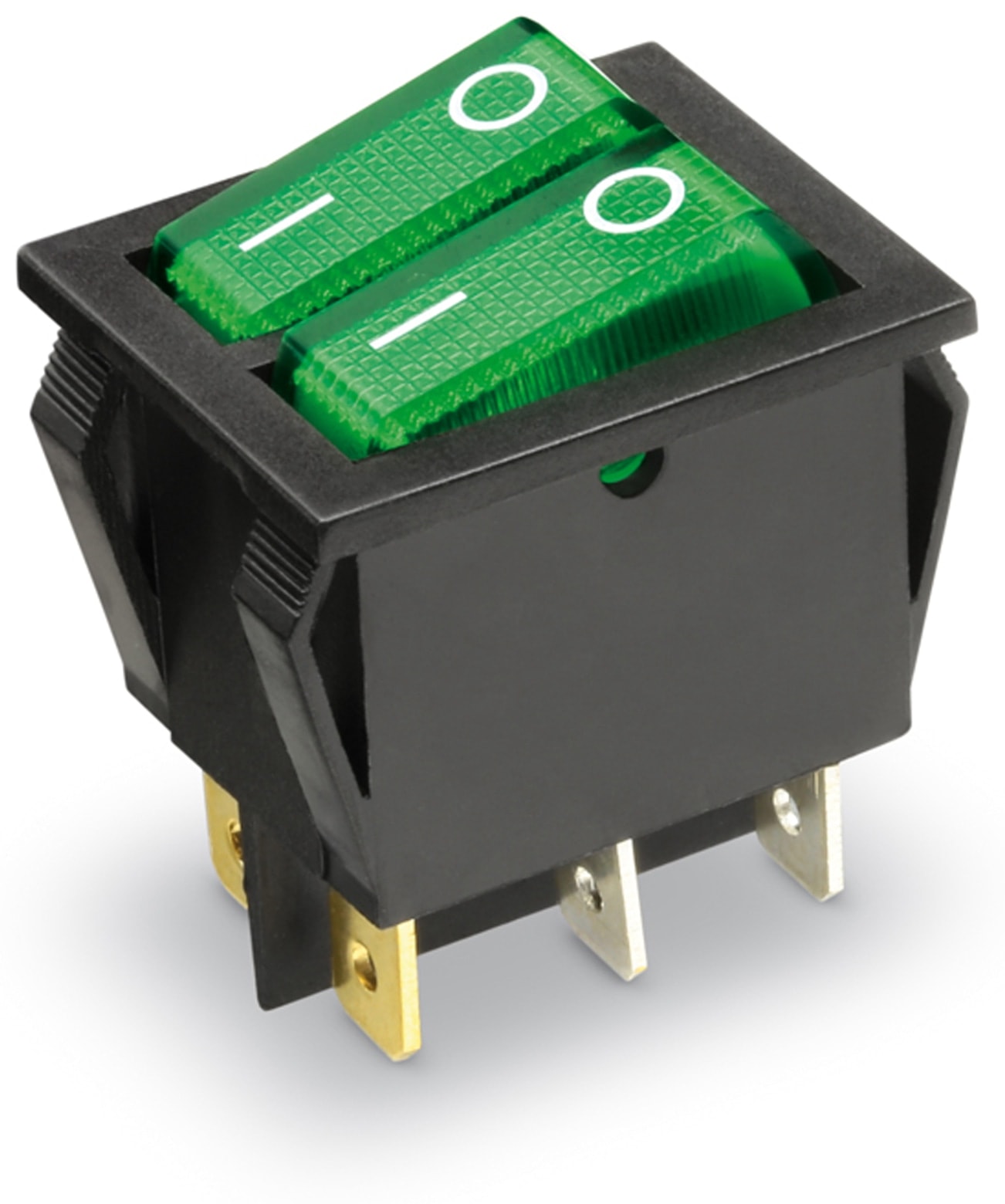 Wippenschalter 2x 1-pol., I-0, grün beleuchtet, 26x22 mm