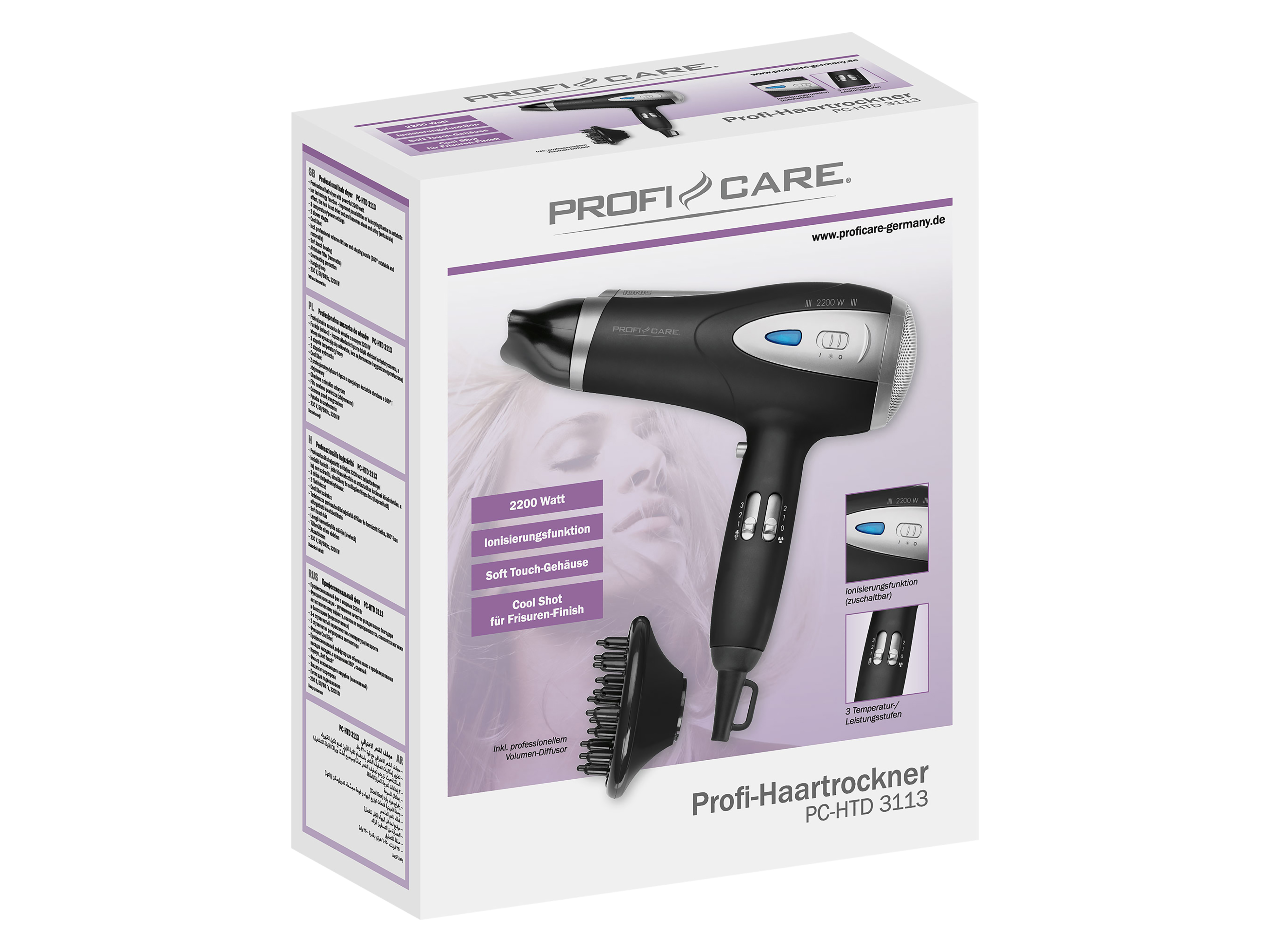 PROFICARE Haartrockner PC-HTD 3113, Ionisierungsfunktion, 2200W, schwarz