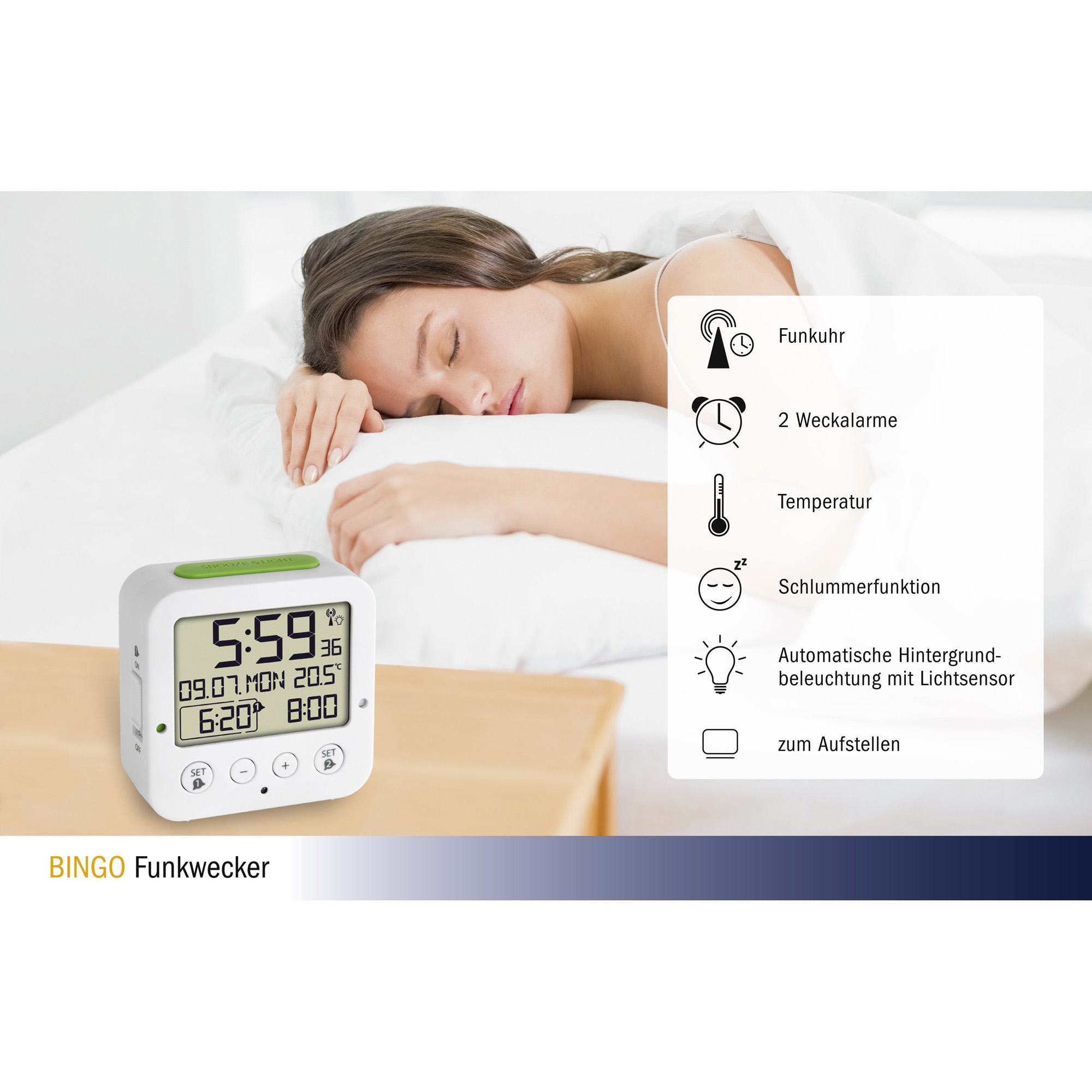 TFA Digitaler Funkwecker 60.2528.02, mit Temperatur BINGO