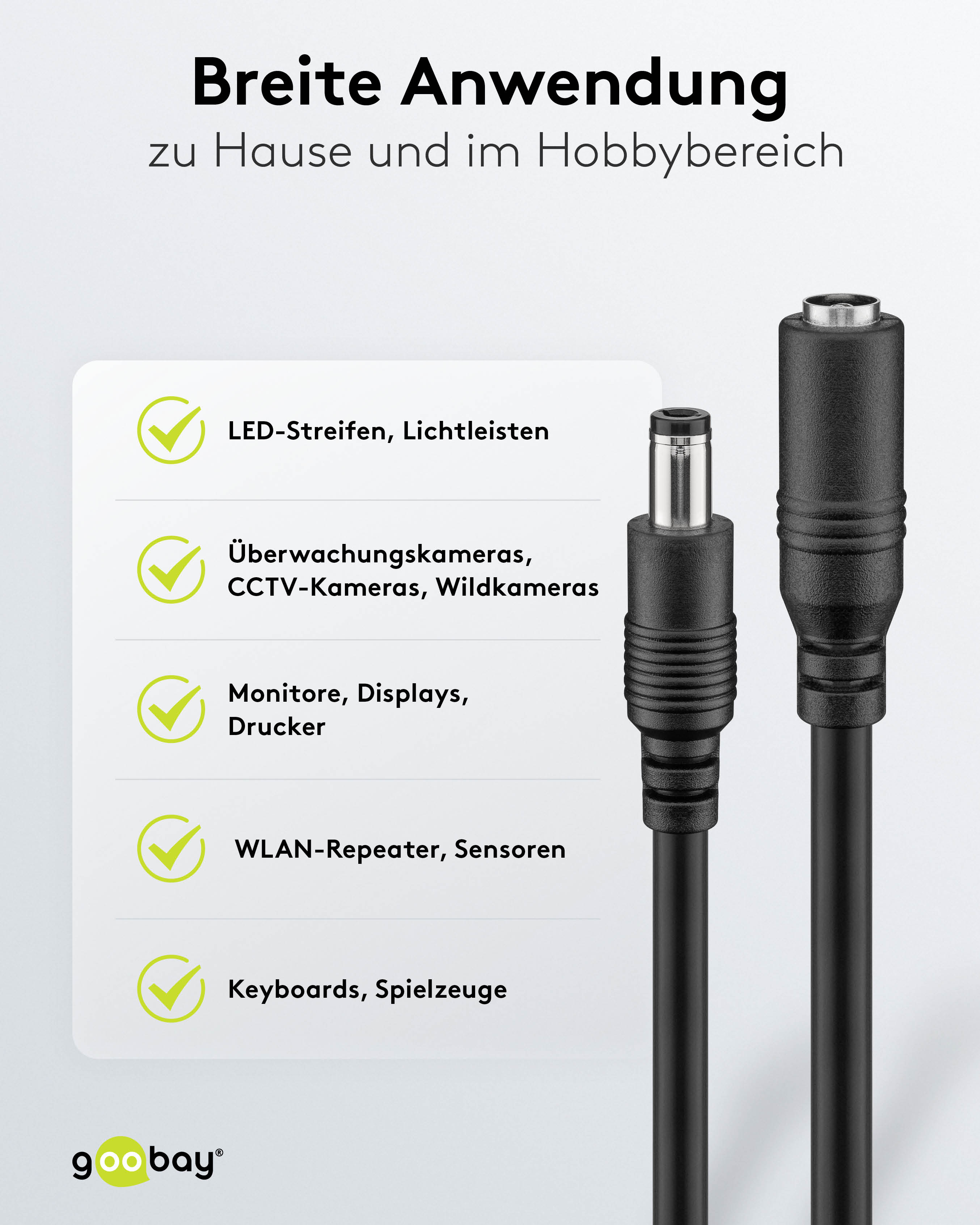 GOOBAY DC-Adapterkabel 2,1 mm, DC-Stecker auf DC-Kupplung, schwarz, 5 m