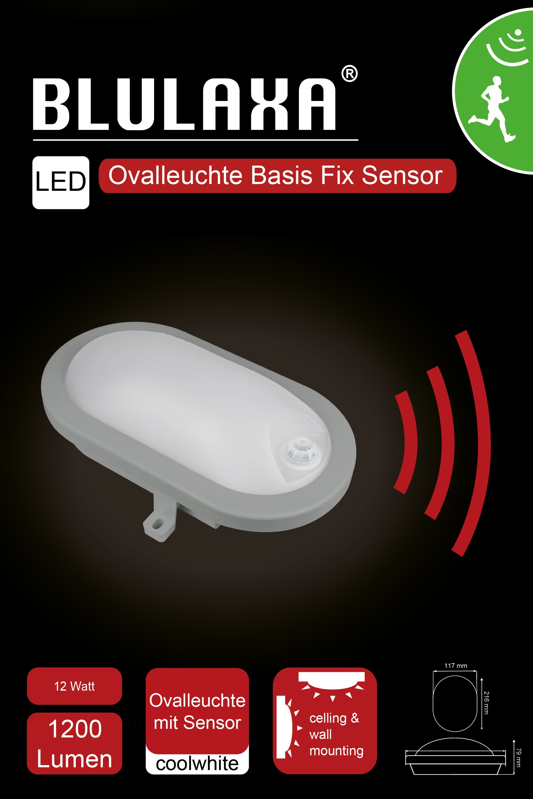 BLULAXA LED-Oval-Leuchte Basis Fix, IR-Sensor, 12W, 1200lm, 4000K, IP54