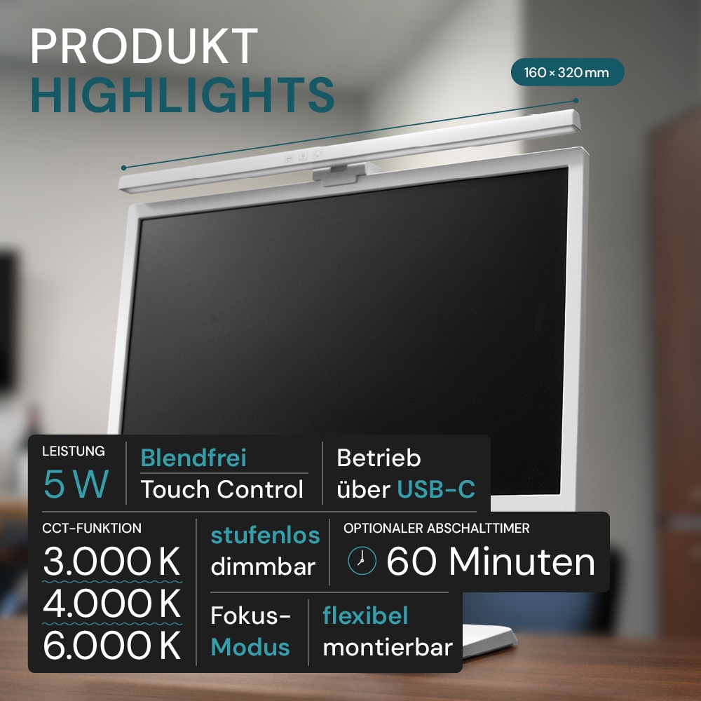 LUXULA LED-Monitorleuchte, 5W, EEK: G, 250lm, CCT, IP20, Touch Control, weiß, 50 cm LUXULA LED-Monitorleuchte, 5W, EEK: G, 250lm, CCT, IP20, Touch Control, weiß, 50 cm