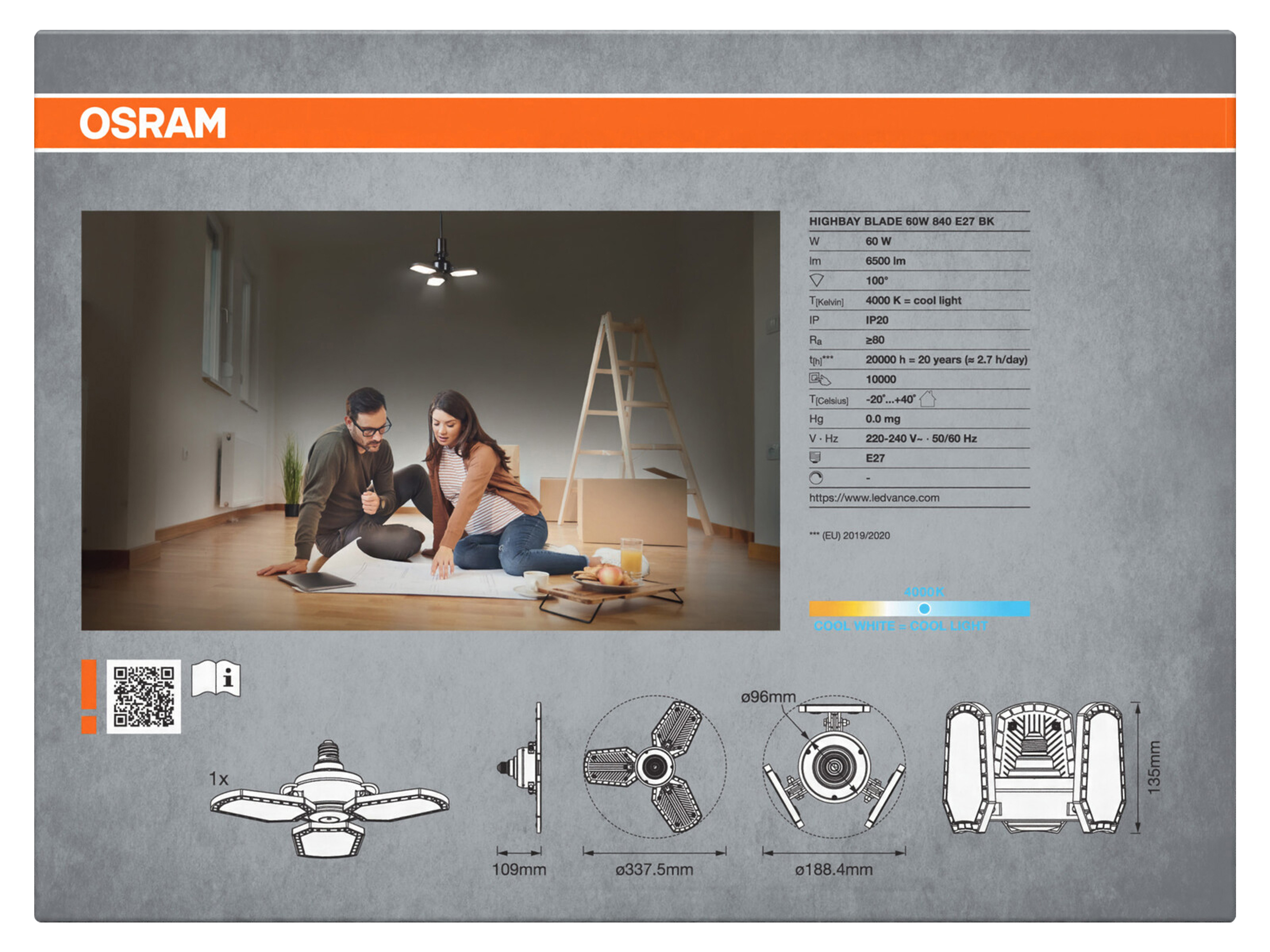 OSRAM LED-Deckenleuchte, E27, 60W, 4000K, EEK: F, 6500lm, IP20, schwarz