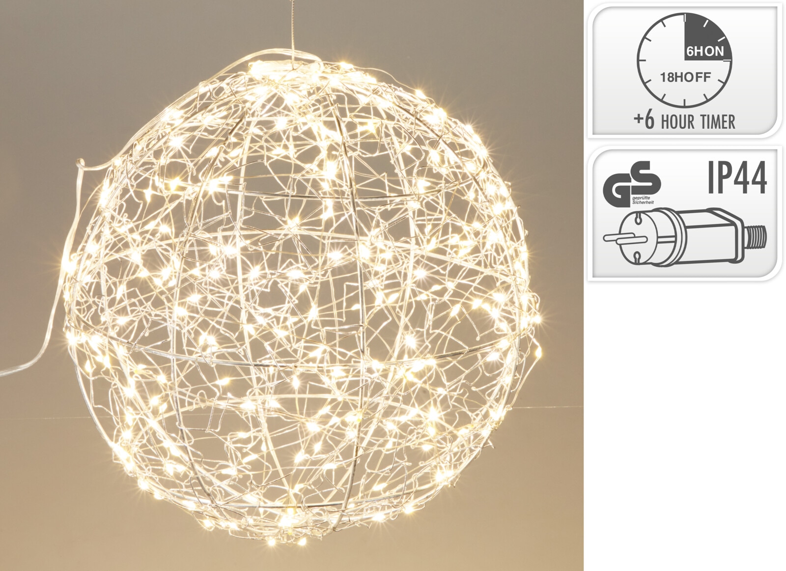 KOOPMAN LED-Kugel, warmweiß, IP44, Timerfunktion, Kabelbetrieben