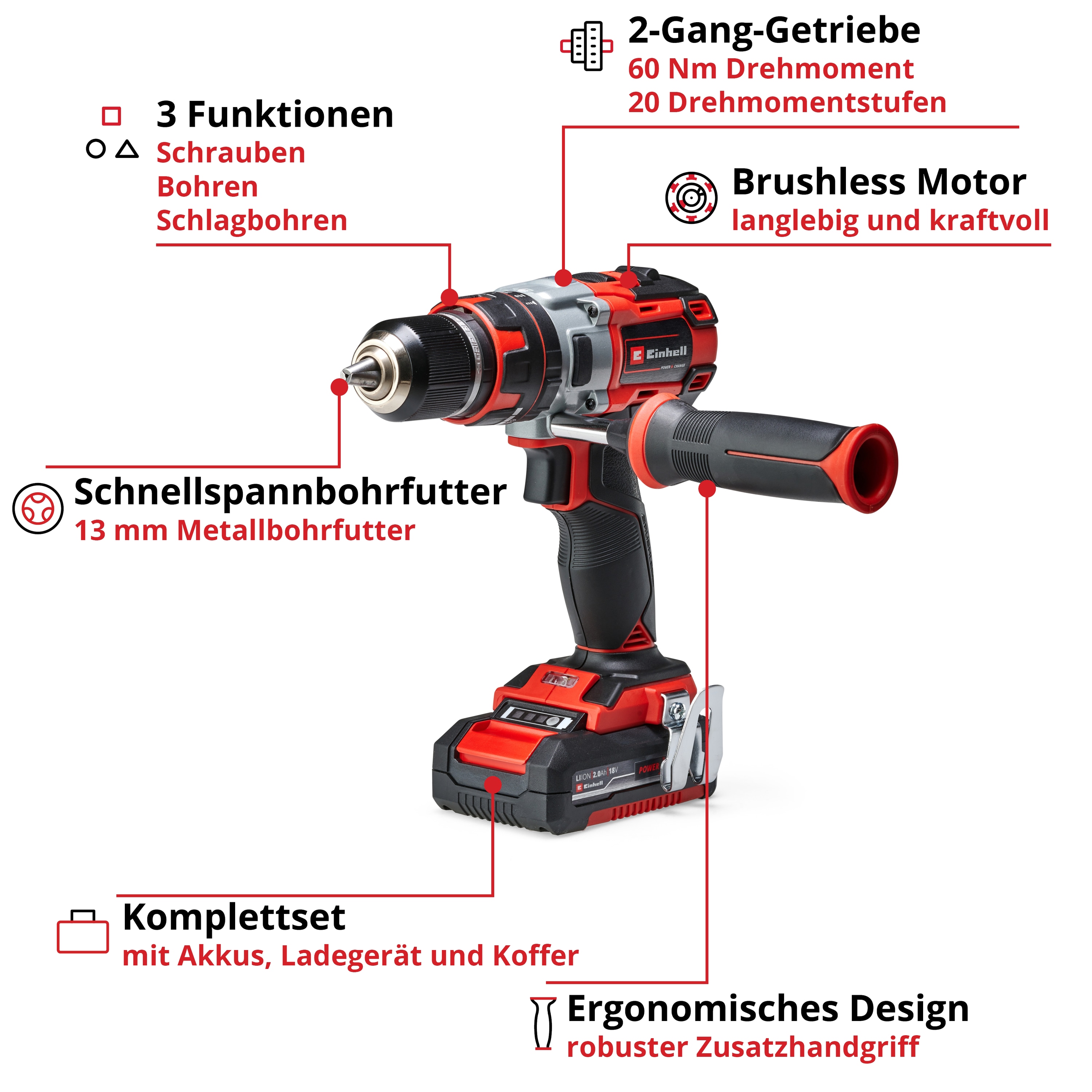 EINHELL PROFESSIONAL Akku-Schlagbohrschrauber TP-CD 18 Li-i BL, 2x 2,0 Ah