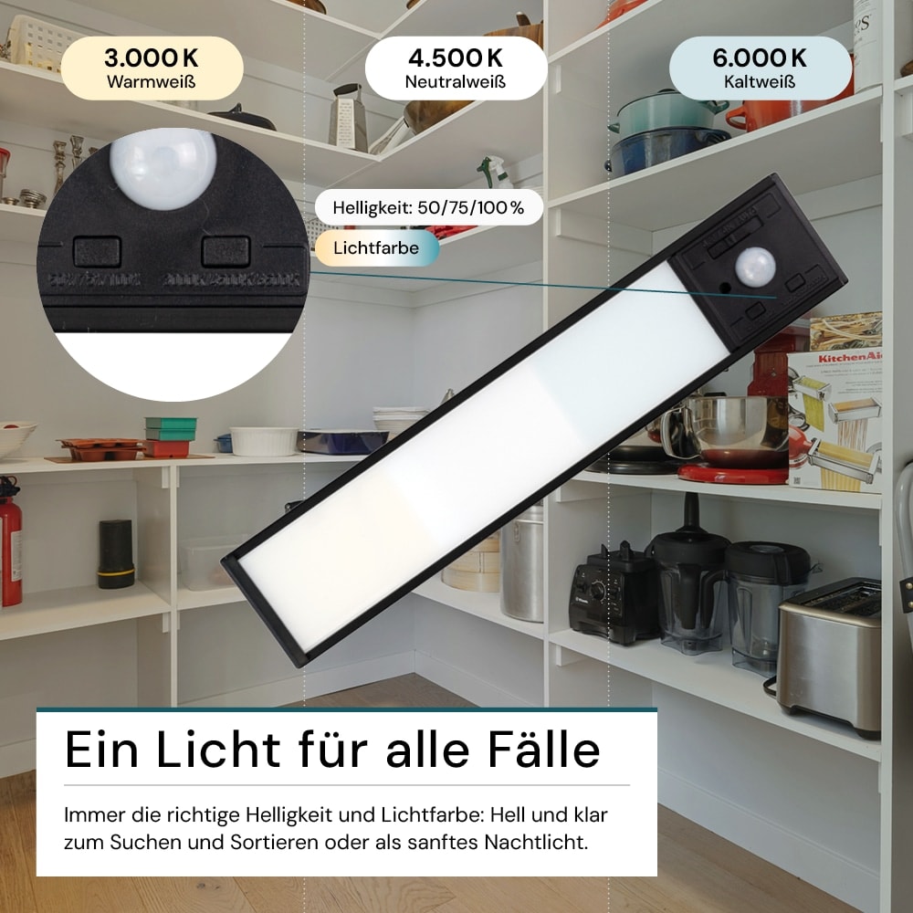 LUXULA LED-Schrankleuchte mit Bewegungsmelder, 2,2W, 70lm, CCT, IP20, schwarz, 20cm LUXULA LED-Schrankleuchte mit Bewegungsmelder, 2,2W, 450lm, CCT, IP20, schwarz, 20cm