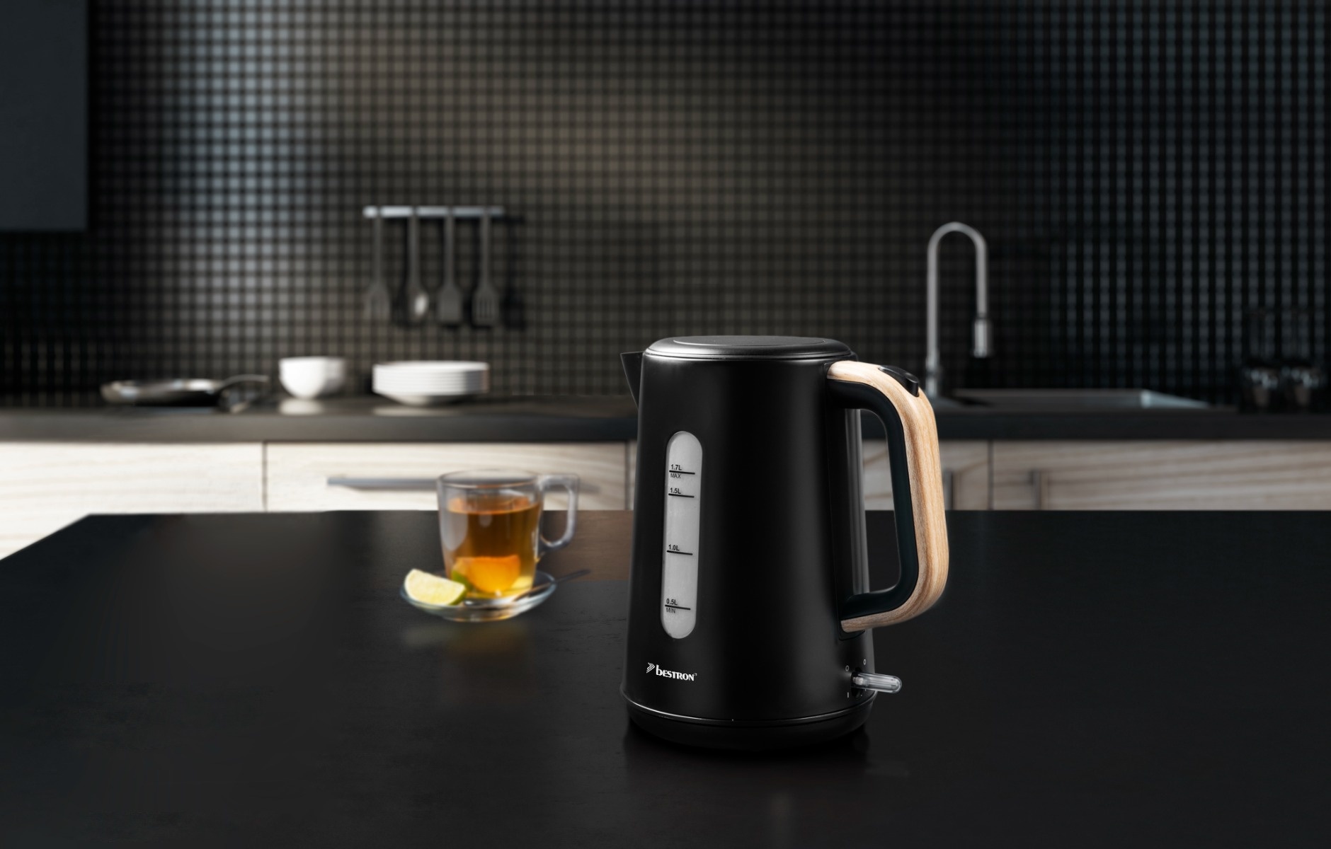 BESTRON Wasserkocher Black & Wood, AWK2200BW, 1,7 L, 2200 W, schwarz