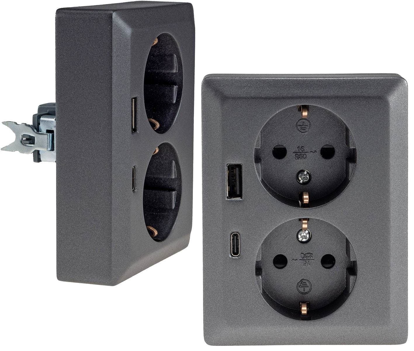 MILOS Schutzkontakt-Steckdose 23719, 2-fach, 2in1, USB-A+C/PD, 16A/250V, anthrazit MILOS Schutzkontakt-Steckdose 23719, 2-fach, 2in1, USB-A+C/PD, 16A/250V, anthrazit
