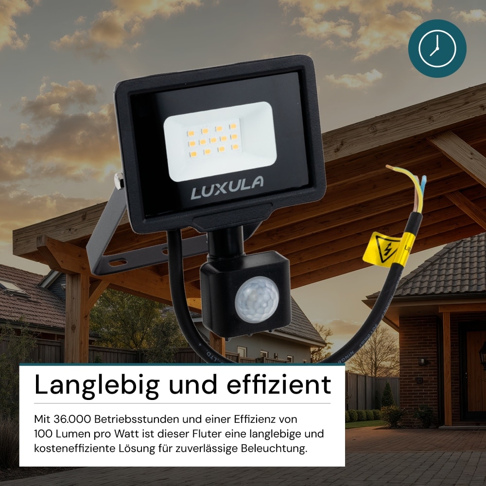 LUXULA LED-Fluter mit Bewegungsmelder, 10W, 1000lm, 4000K, Schwarz, IP65, 350° Erfassungsbereich LUXULA LED-Fluter mit Bewegungsmelder, EEK: F, 10W, 1000lm, 4000K, schwarz