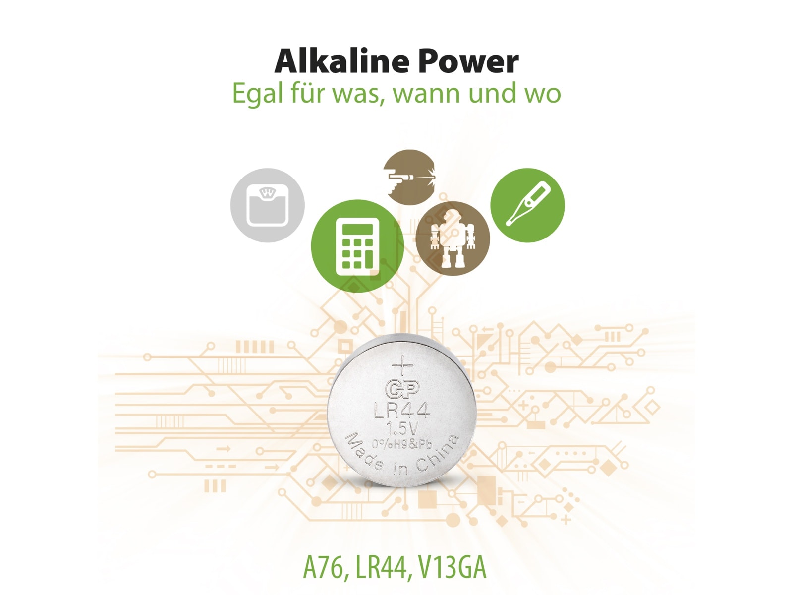 GP Knopfzelle LR44, Alkaline, 1,5 V-, 5 Stück GP Knopfzelle LR44, Alkaline, 1,5 V-, 5 Stück