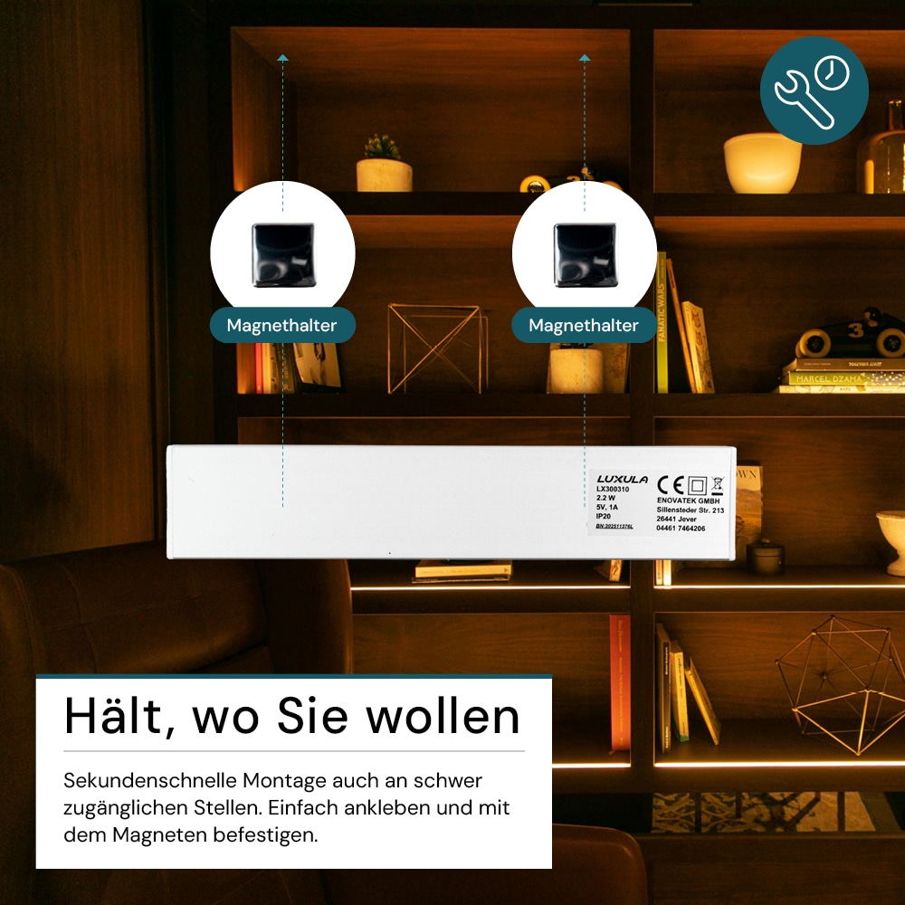 LUXULA LED-Schrankleuchte mit Bewegungsmelder, 2,2W, 450lm, CCT, IP20, dimmbar, silber, 20cm